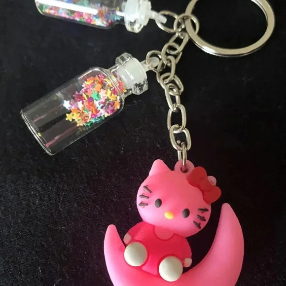 Girls Women Cute Pink Kitty KeyChain with Twin Mini Glass Color Confetti Vials - Picture 6 of 6